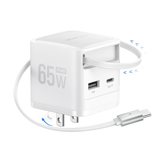 EF ECOFLOW 65W USB C Charger with Retractable Cable, 3-in-1 Phone Charger with Type C Cable, 2-Port Fast Charger Compatible with iPhone 16 Pro Max, iPad Pro/Air, Galaxy S25, Steam Deck (White)