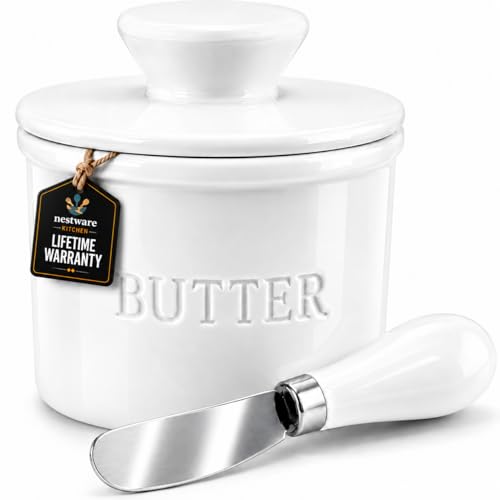 Nestware Porcelain Butter Crock with Lid and Knife, French Butter Dish, White, One Size
