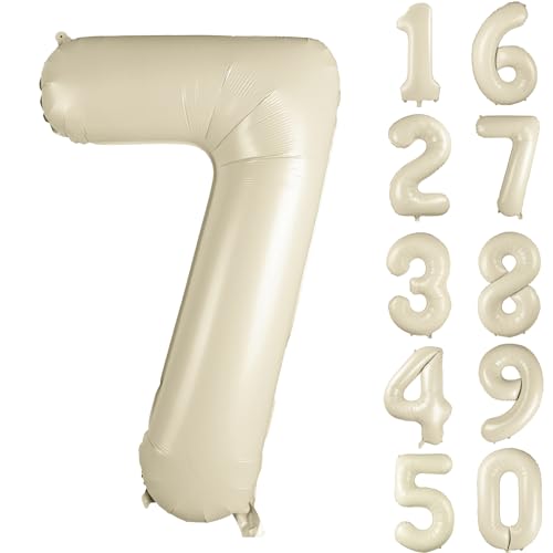 40 inch Cream White Number Balloon Giant Foil Helium Balloons Beige Number 7 Balloon for 7th Birthday Party Anniversary Decorations Supplies