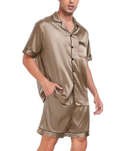 Image of SWOMOG Men Satin Silk Pajamas Sets Short Sleeve Sleepwear Button-Down PJs Sets Two-Pieces Loungewear with Pockets
