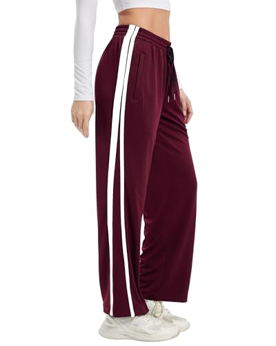 ZAHOJOY Women's Track Pants Straight Leg Sweatpants Side Striped Warm Up Athletic Running Pants Zipper Pockets, Wine/White, M