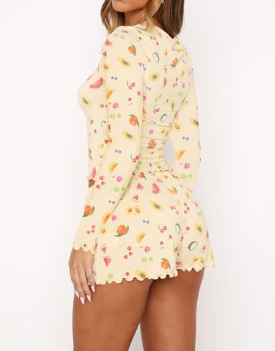 Image of Lacozy Cute Pajama Sets for Women 2 Piece Floral Print Fall Pj Set Woman Long Sleeve Crop Top and Short Y2K Sleep Set