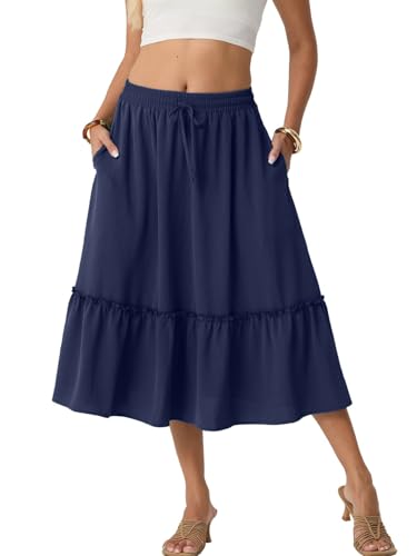 Image of PrinStory Women's Summer Midi Skirts Ladies Boho Flowy Casual Elastic High Waist Skirts with Pockets (Navy Blue, XL)
