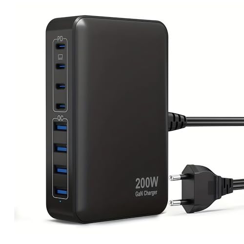Caricatore USB C GaN Fast Charger totale 200W 8-Port Presa USB Adattatore, Caricabatterie Rapido PD PPS da 65 W per Mac, iPad, iPhone 16/15/14/13 Pro max, Samsung Galaxy S25 ultra,Pixel ecc