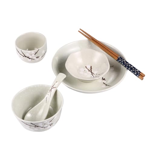 Vaisselle japonaise en céramique artisanale, set de 6 pièces avec baguettes en bois - 2