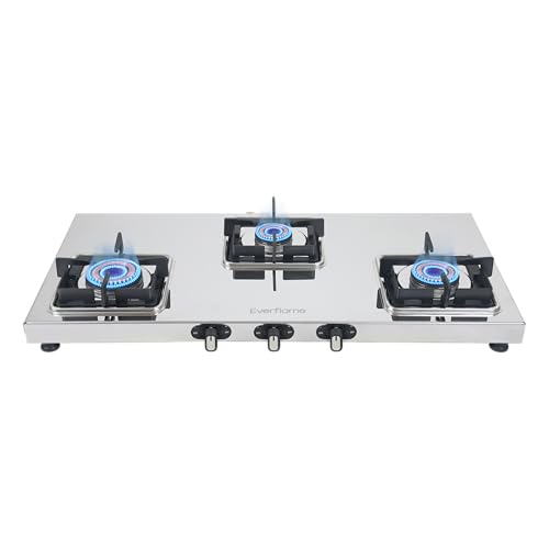 Everflame Prime Gas Stove| 3 Burner Stainless Steel Stove | Manual Ignition | LPG Stove | Gas-Saver | (1.2MM)-Thick SS Body | Brass Burner | ISI Certified | 2 Years Product Warranty + Doorstep Service