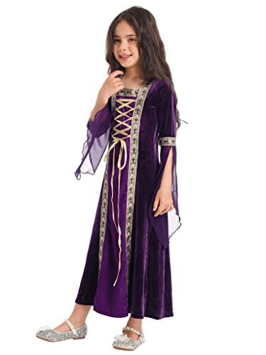 Hansber Kids Girls Renaissance Vintage Dress Ball Gown Gothic Medieval Costume Maxi Dresses Halloween Outfit Purple 6 Years #TOP3