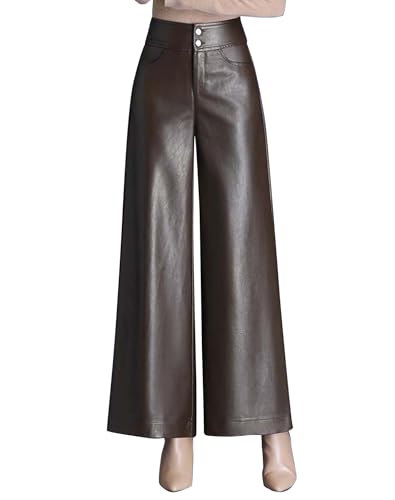 HaoMay Women's High Waist Wide Leg PU Faux Leather Cropped Pants Culottes(Brown-XS)