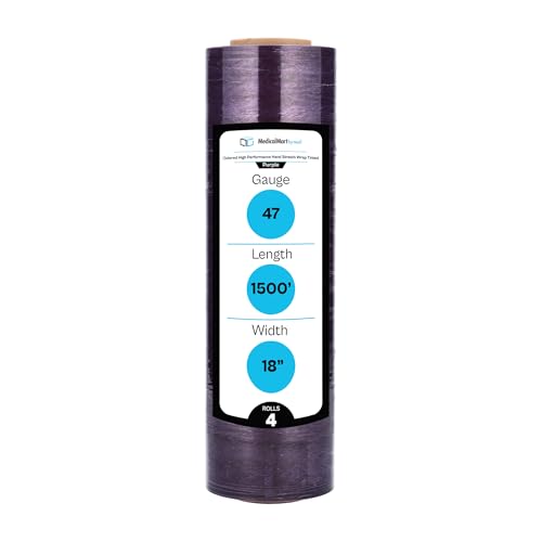 Shield Wrap Purple Stretch Wrap, 4 Pack, 18 Inch x 1500 Feet, 47 Gauge, Tinted/Transparent Hand Stretch Film Rolls for Packing Pallets