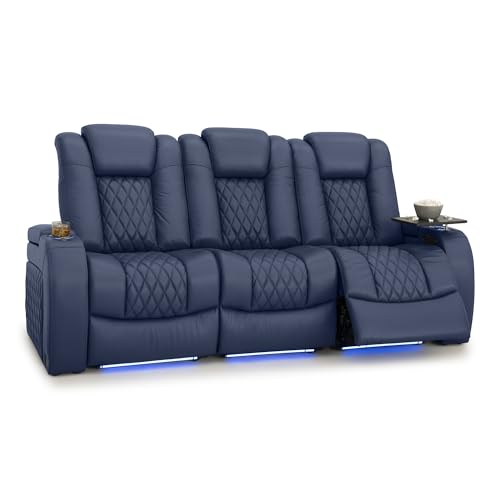 Image of Seatcraft Diamante Navy Blue Italian Leather Home Theater Seating, Zero Gravity Power Recliner, Gaming and Home Office Chair, Powered Headrest Furniture for Family Cinema Room, Row of 3 Sofa