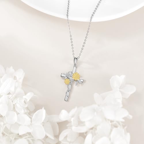POPLYKE Sunflower/Ladybug/Bee/Dragonfly/Turtle Cross Necklace for Women 925 Sterling Silver Ststhoscope Cross Necklace Pendant Jewelry for Women3