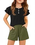 Arshiner Clothes for Girls 2 Piece Outfits Summer Short Sleeve T Shirts Button Down Blouse Elastic Waist Short Sets 7-8 Years