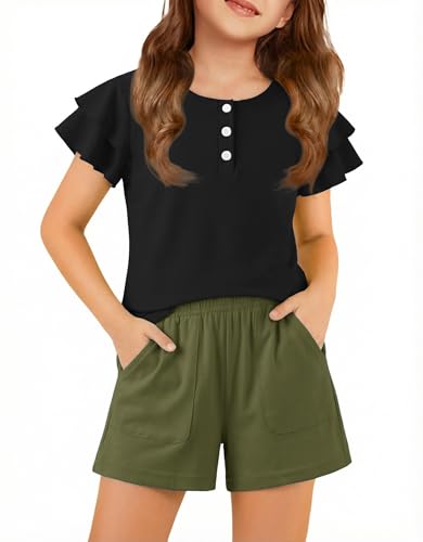 Arshiner Clothes for Girls 2 Piece Outfits Summer Short Sleeve T Shirts Button Down Blouse Elastic Waist Short Sets 7-8 Years