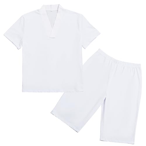 GRACEART Men\'s Japanese Kimono Underwear 1 Set (Hadajuban Shirt with Collar/Steteko Pants) White
