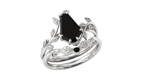 Coffin Shape Black Onyx Natural Gemstone Ring, Unique 2pcs Bridal 925 Sterling Silver Ring For Her