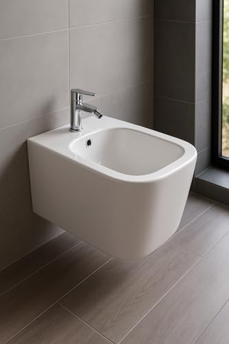 WITIT LX-1067 - Sanitari Sanitario Bidet Bide' Sospeso Senza Bordo Quadrato in Ceramica Bianco a Muro a Parete a Sospensione