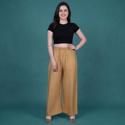 Image of FASHION GALLERY Women's Solid Rayon Palazzo Pants | Relaxed Fit Full Length Wide Leg Palazzo | Elastic Waist Comfortable Casual Lounge Office Ethnic Flared Trousers for Women