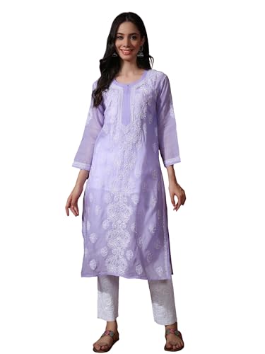 Image of Seva Chikan Hand Embroidered Lucknowi Chikankari Appricot Cotton Kurta Kurti for Women SCL4321