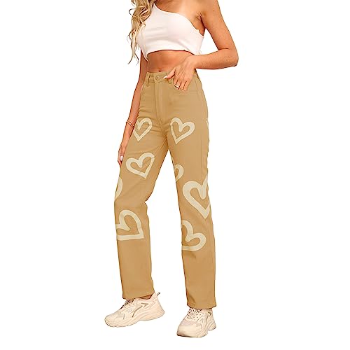 Women's High Waist Heart Print Wide Leg Loost Fit Vintage Boyfriend Jeans Teen Girls Streetwear Denim Pants3