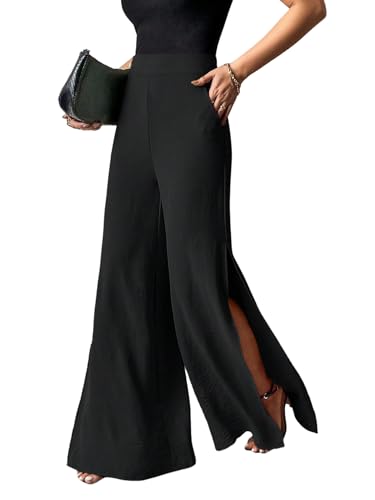 SOLY HUX Damen Hose Hohe Taille Lockere Hosen mit Schlitz Leicht Casualhose mit Taschen Festival Outfit Palazzo Pants So...