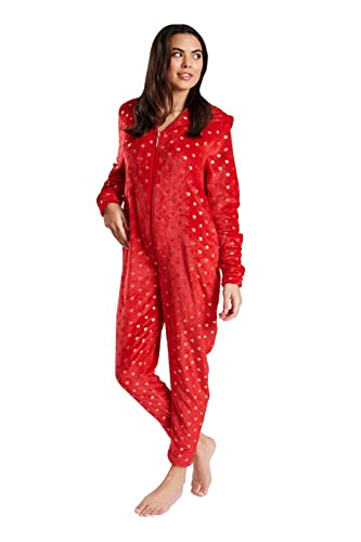 Loungeable Damen Jumpsuit Langer Flanell-Overall Einteiler mit Kapuze Goldene Sterne Hausanzug 791212 L