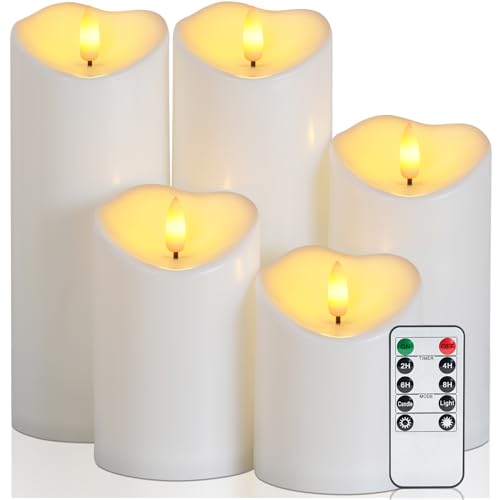 Image of Raycare 3 inchx4 inch5 inch 6 inch 8 inch 8 inch Outdoor Waterproof Flameless Candles, Battery Operated LED Candles with Remote Control and Timer, Electric Fake Plastic Pillar Candles, Ivory White, Set of 5