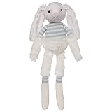 Billy es un conejo de peluche blanco nieve con selectos patrones de rayas azules y blancas