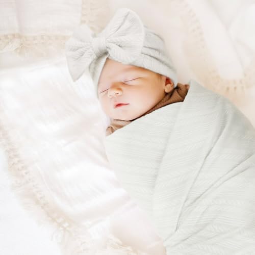 Image of DRESHOW BQUBO Newborn Receiving Blankets Cotton Warm Sleepsack with Mittens & Bow Hats Hospital Baby Swaddling Shower Gift