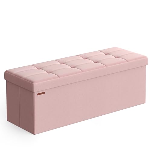 Image of SONGMICS MAZIE Collection - 43 Inches Folding Storage Ottoman Bench, Ottoman Foot Rest, End of Bed Bench, Storage Chest, Load 660 lb, for Living Room, Bedroom, Entryway, Jelly Pink ULSF077R11