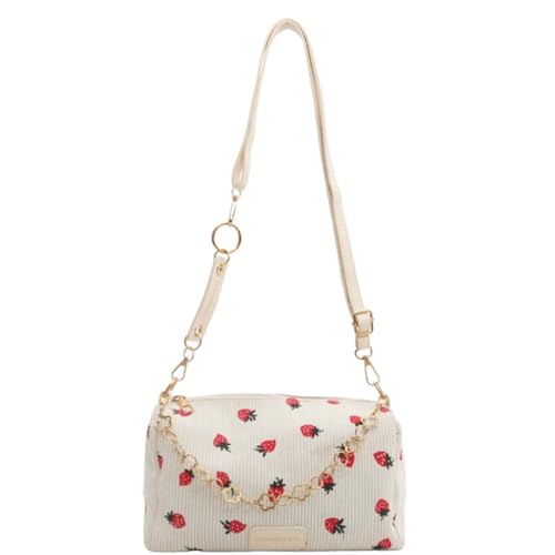 Sac à bandoulière motif fraise en velours côtelé kawaii à grande capacité