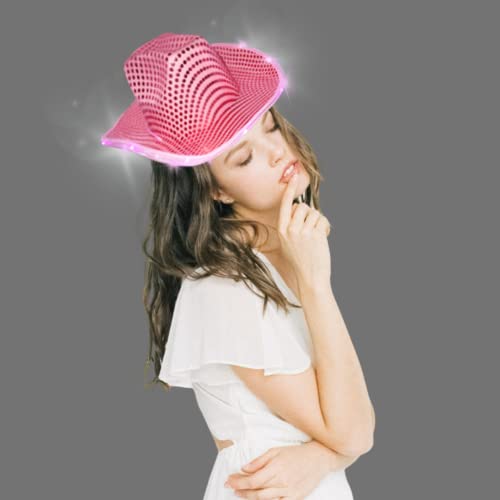 4E's Novelty Light Up Pink Cowgirl Hat - Sequin Pink Cowboy Hat For Women & Teens - For Cowgirl Costume For Women, Space Disco Cowgirl Bachelorette Party, Halloween Cowboy Costume Accesories #TOP2