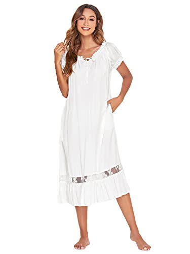 Verdusa Women's Lace Nightdress Short Sleeve Victorian Nightgown Sleepwear Pajama White M #TOP6