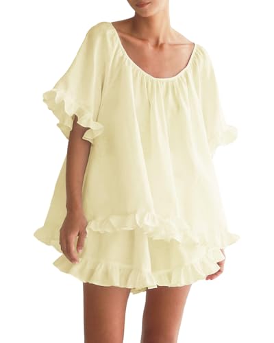 Xfileen Women Summer 2 Piece Set Fashion Short Sleeve Ruffle Trim Top and Shorts Set Cotton Pajama Sets Yellow