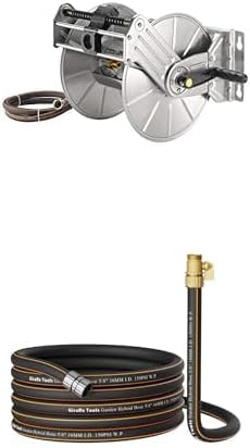 Giraffe Tools Wall/Floor Mounted Stainless Steel Garden Hose Reel Retractable Heavy Duty with Crank,150-Feet 5/8" Hose Capacity+Giraffe Tools Hybrid Garden Hose 25ft x 5/8", Female and male Fittings