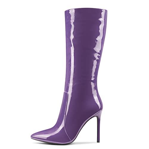 Aachcol Women Stiletto High Heel Mid Calf Boots Zipper Close Pointed Toe Dress Shoes Patent 4 Inch2