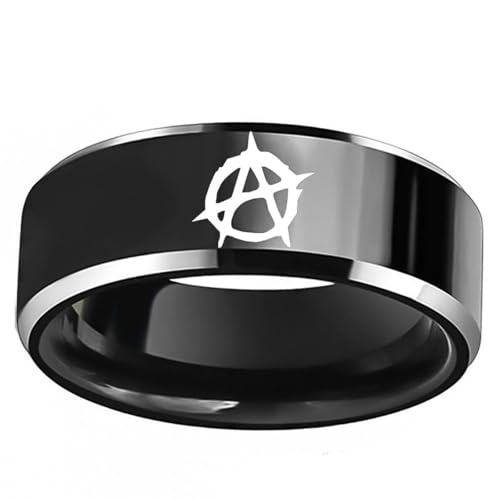 SMANXEY Anarchy Symbol Titanium Steel Ring - Silver-Black Punk Gothic Rebel Demonstration Jewelry Band for Men Women