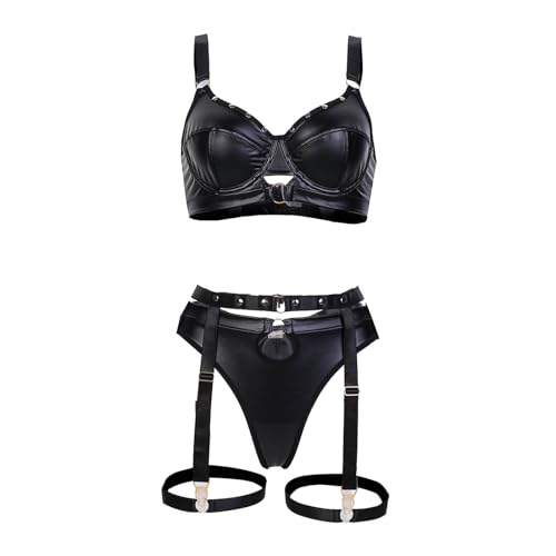 Ensemble sous-vêtements 3 pièces cuir noir mat style punk industrie lourde