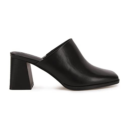 Trish Lucia Womens Chunky Stacked Heel Mules Closed Square Toe Heeled Slip On Clogs Casual Backless Loafers Shoes Black #TOP1