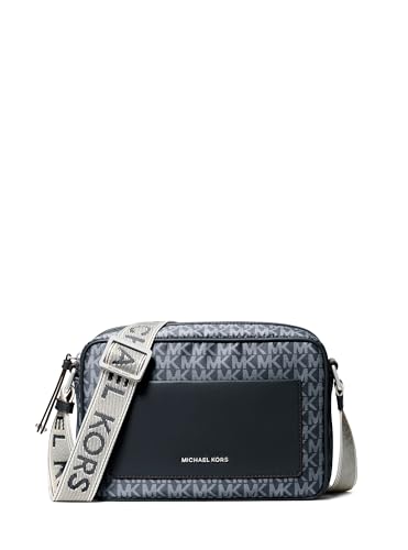 Michael Kors Jet Set Large Webbing Strap Crossbody Bag Silver-Tone Hardware/Tonal MK Signature Nylon with MK Logo Webbing/Admiral/Pale Blue