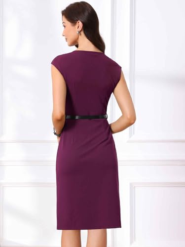 Allegra K Elegant Business Dress for Women's Cap Sleeve Belted Wear to Work Sheath Dresses3