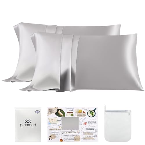 PROMEED 100% Mulberry Silk Pillowcase 2 Pack, Upgraded 3rd Generation Silk Pillow Case Set of 2 for Hair and Skin, Anti Acne, Anti Wrinkle (Standard 20"x26", Light Grey)