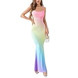 LIGHT DOT Women's Summer Ombre Maxi Dress Spaghetti Strap Bodycon Cami Draped Collar (Rainbow,XS)