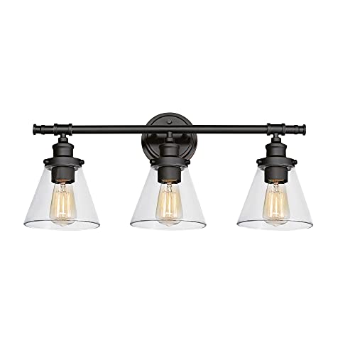 Image of Globe Electric 51411 3-Light Vanity Light, Oil Rubbed Bronze, Clear Glass Shades, Bathroom Lights Over Mirror, Lights for Bathroom, Powder Room Lighting, Makeup Mirror Lights, Home Decor