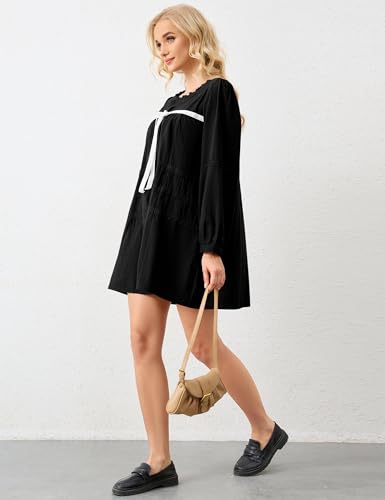 Burtell Women Flowy Long Puff Sleeve Mini Dress Casual Square Neck Lace Embroidered Babydoll Dress Bow Tie A-line Tunic Dress Black — view 5