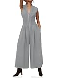 Cicy Bell Womens V Neck Casual Dressy Jumpsuits Smocked Zip Up Sleeveless Wide Leg Jumpsuit Summer Teacher Work Outfit
