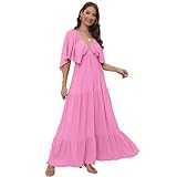Women's Summer V-Neck, Tiered Silhouette with Flutter Sleeves Maxi Dress for Casual Pink