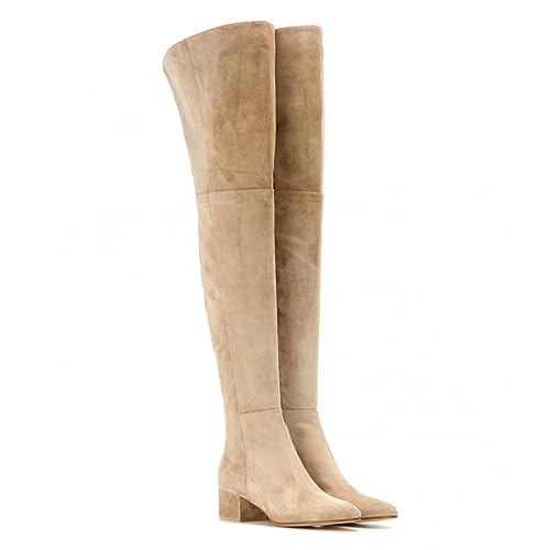WOkismD Stivali da Donna in Pelle Scamosciata sopra Il Ginocchio Stivali Alti alla Coscia Punta Tonda Lungo Elasticizzato Tacco Grosso bloccato Tacco Basso Stivali Moda Autunno con Cerniera,Beige,46