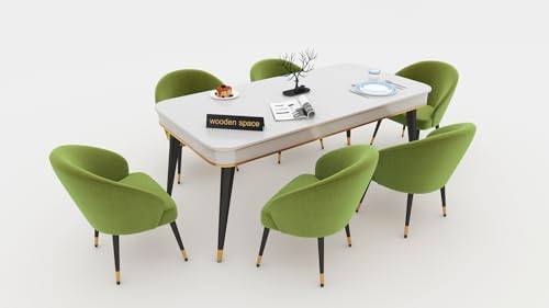 Image of WOODEN SPACE 6-Seater Wooden Dining Table Set | Nano Composite Marble Top | Solid Wood Base | Modern Dining Room Furniture with 6 Chairs (Green 4)
