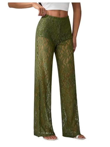 Apvirdy Floral Lace Pants for Women Sheer Mesh Straight Leg Y2k Pants High Waisted See Through Long Trousers Sexy Club Wear Green