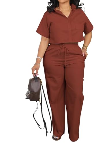 ThusFar Women's Brown Linen Two-Piece Set: Elegant Palazzo & Collared Shirt Outfit for Office & Summer